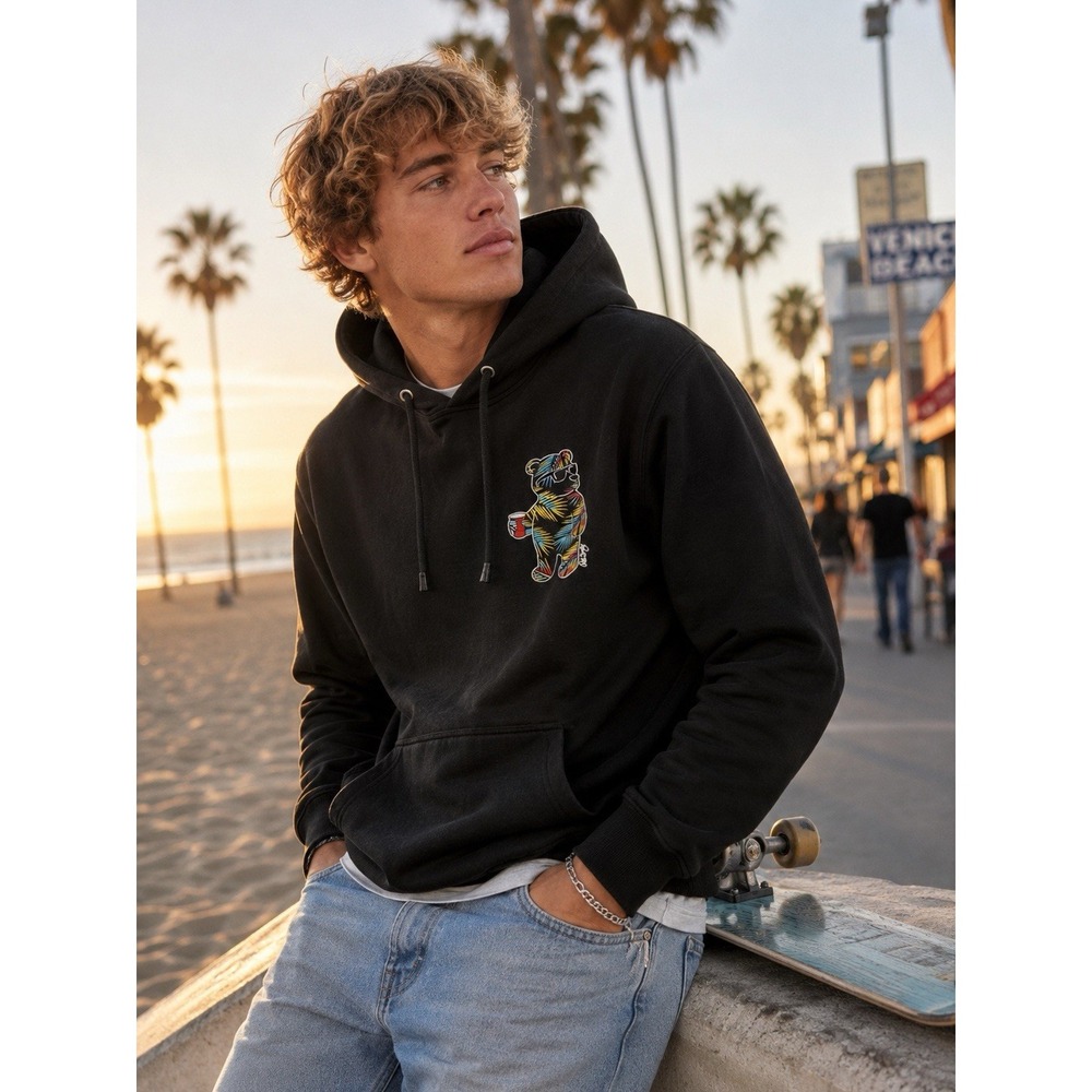 Riot Society‎ Tropical Bear Hoodie Men's Large Black Graphic Pullover Surf Skate